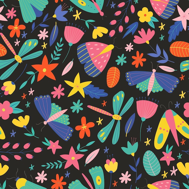 Colorful seamless pattern with insects and flowers Summer vector pattern with butterflies