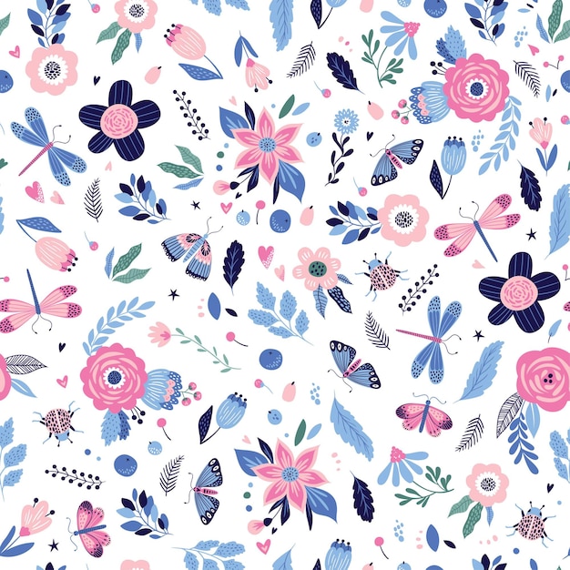 Colorful seamless pattern with insects and flowers.