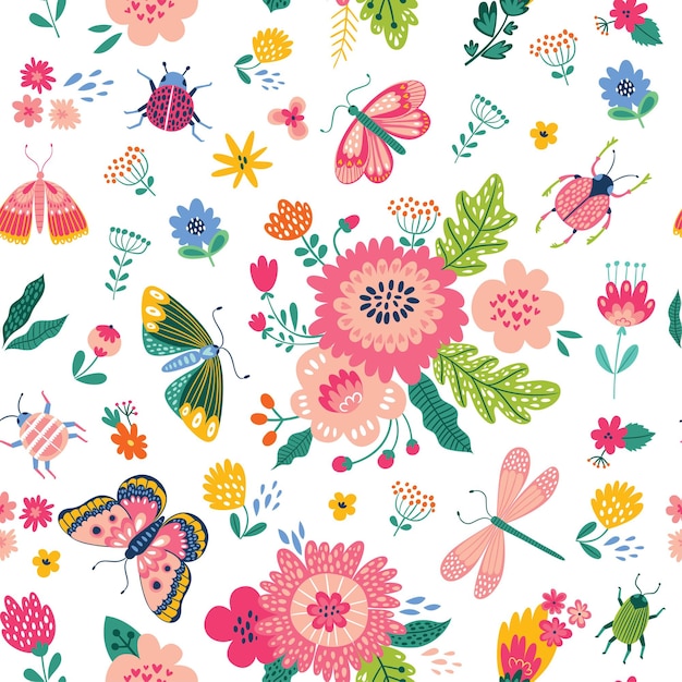 Colorful seamless pattern with insects and flowers.