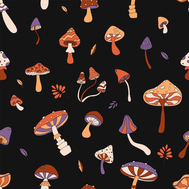 Colorful seamless pattern with mushrooms in retro colors Flat vector illustration