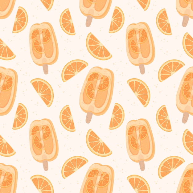 Colorful seamless pattern with orange fruit ice and orange slices. 