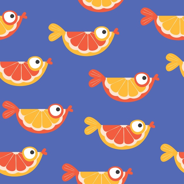 Colorful seamless pattern with orange slices and cute orange fish Vector illustration