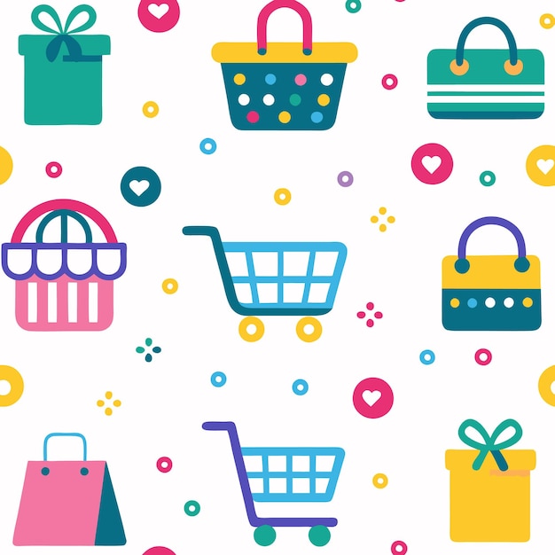 Vector colorful seamless pattern with shopping bags shopping carts gift boxes and hearts on white background