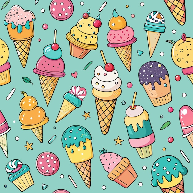 Colorful seamless pattern with various ice cream cones cups and toppings on a light blue background