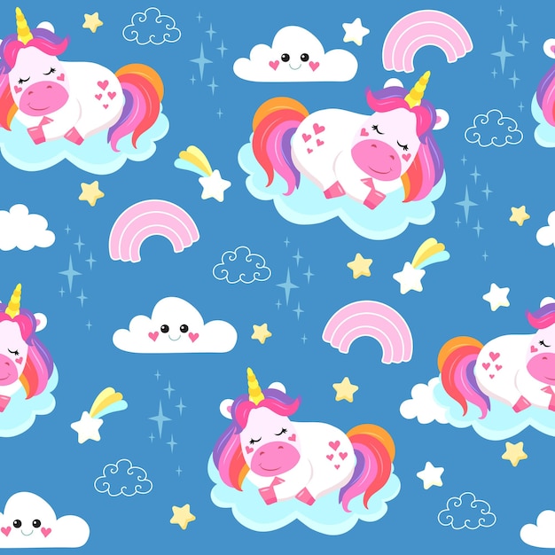 colorful seamless patterns with unicorns in cartoon style for kids vector illustration