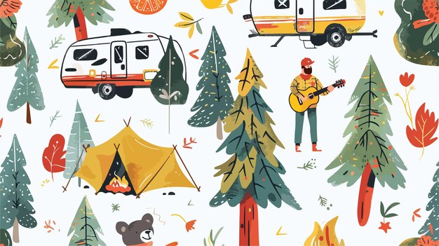 Vector colorful seamless summer camp pattern with rv trailer