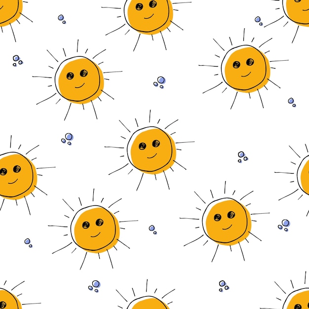 Colorful seamless summer pattern with handdrawn elements such as the sun and bubbles Fashion print design vector illustration