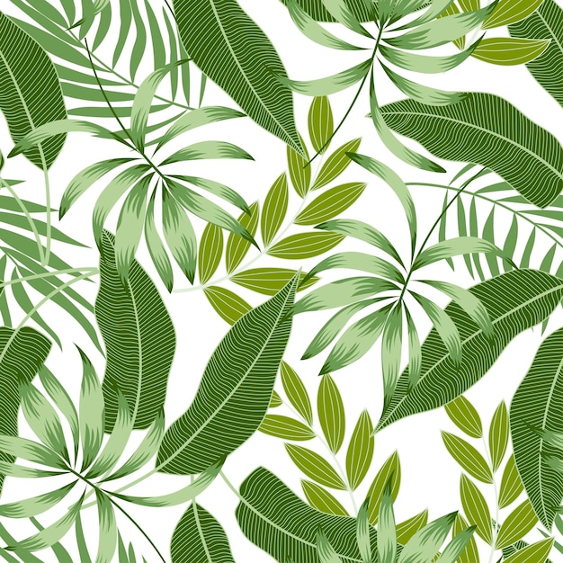 Colorful seamless tropical pattern with bright plants and leaves on a light background