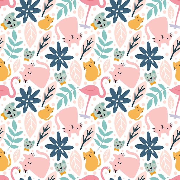 Colorful seamless vector pattern with cute animals and leaf on the background