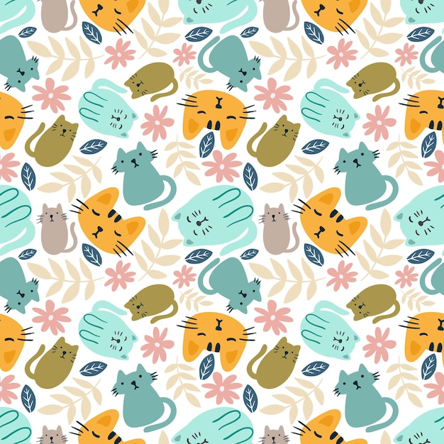 Colorful seamless vector pattern with cute animals and leaf on the background