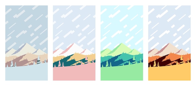 Colorful Seasons At The Mountains, Vertical Poster Illustration Set. Winter, Spring, Summer and Fall