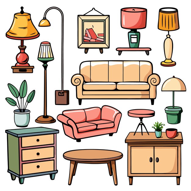 Vector a colorful set of cartoon living room furniture including couches lamps tables a plant and a picture frame