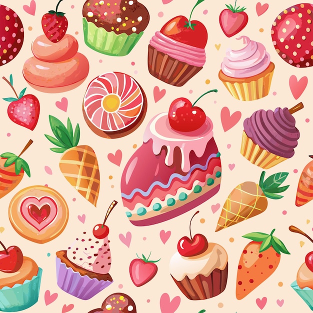 a colorful set of cupcakes with hearts or watercolor food pattern design