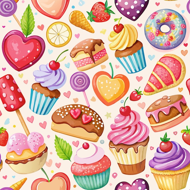 a colorful set of cupcakes with hearts or watercolor food pattern design