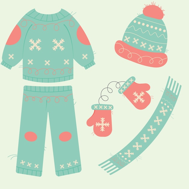 Colorful set of cute winter clothes in cartoon style Sweater pants hat mittens and scarf