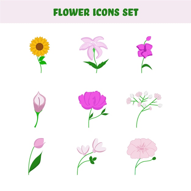 Colorful Set Of Flower Icons In Flat Style