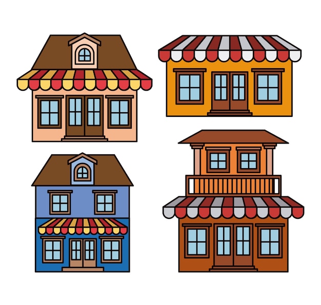 colorful set of houses with sunshades 