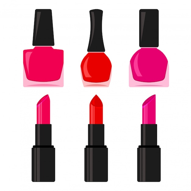 Colorful set of nail polish bottle and lipstick. 