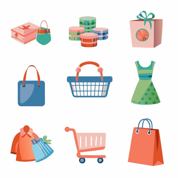 A colorful set of nine shopping icons including gift boxes bags baskets a dress and a shopping cart