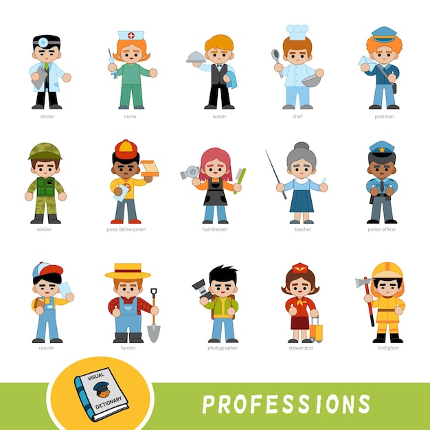 Colorful set of professions Visual dictionary for children about professional occupation