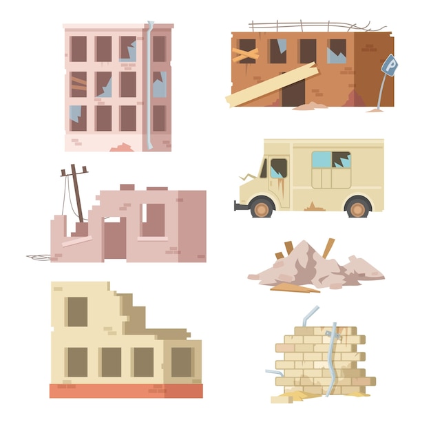 Colorful set of ruined buildings and auto. Cartoon illustration