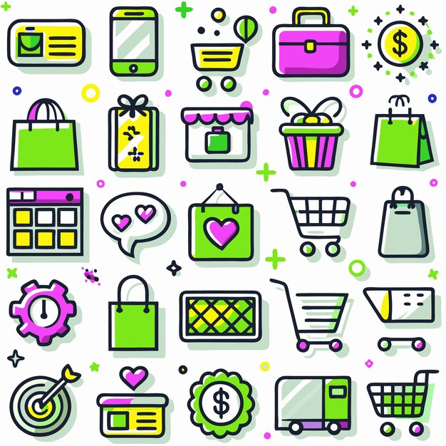 A colorful set of shopping and business icons