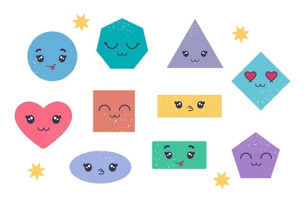 Colorful set of various bright basic geometric figures with face emotions set