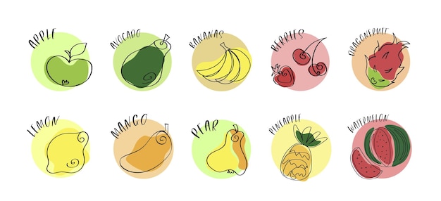 Colorful set of various fruit in trendy doodle style