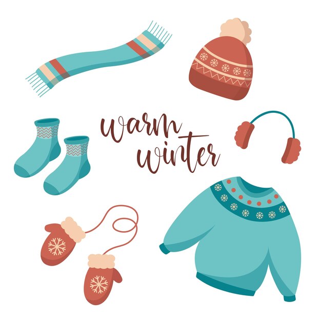 Colorful set of warm winter clothes and accessories