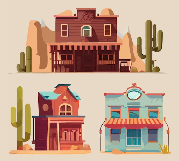 Vector colorful set of western houses. landscapes of the wild west mountains, city, saloon, cactus. vector