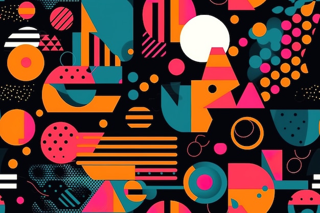 Colorful shapes on a black background in the style of minimalist brush work stripes and shapes