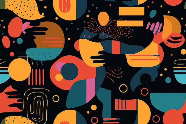 colorful shapes on a black background in the style of minimalist brush work stripes and shapes