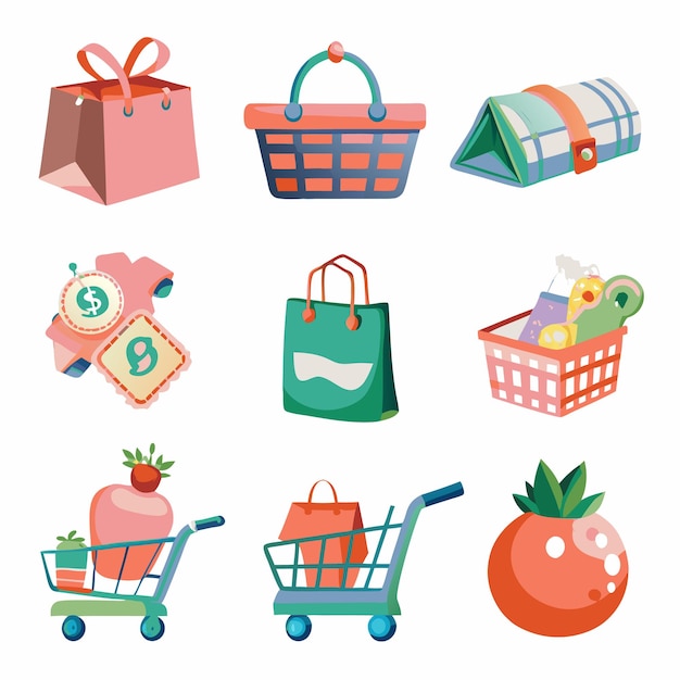 Vector colorful shopping bag basket and cart icons set