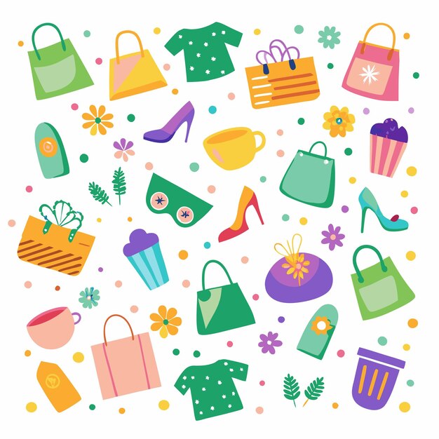 Colorful shopping bags clothing shoes food flowers and household items