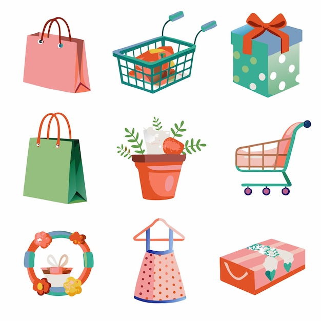 Colorful shopping bags gift boxes shopping carts and flower pots