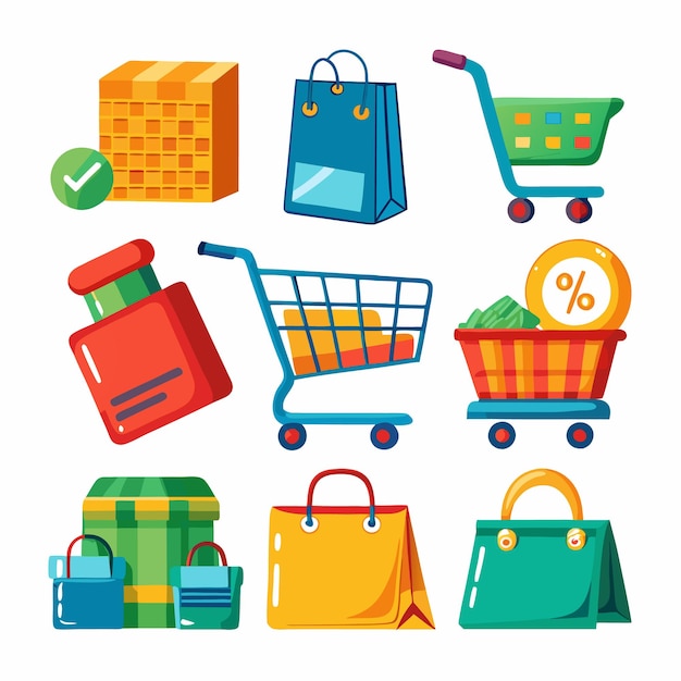 Vector colorful shopping cart bags and box icons set