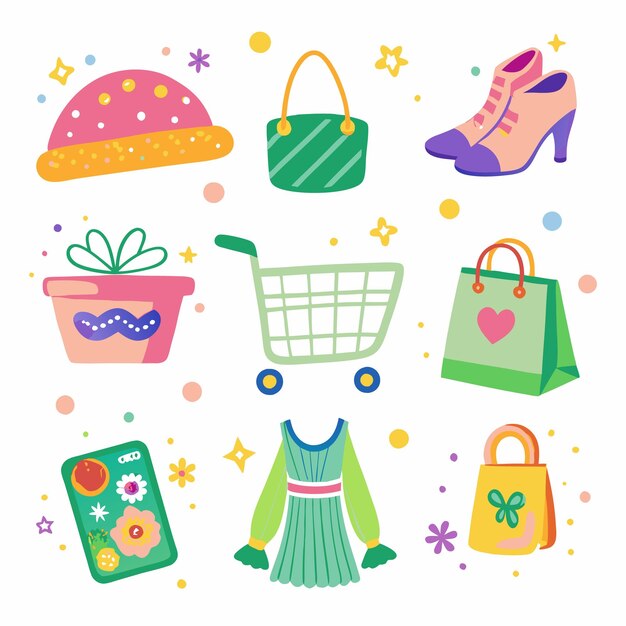 Colorful shopping cart bags and clothes