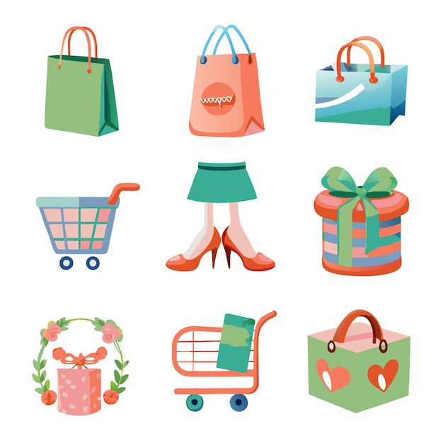 Colorful shopping and gift icons with shopping bags carts gift boxes and a pair of high heels