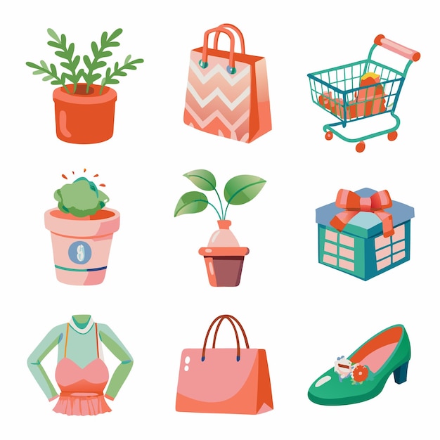 Colorful shopping and gift items with flowers in pots