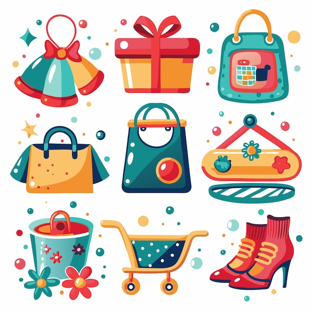 Colorful Shopping Icons Bags Gifts Cart More for Festive Retail