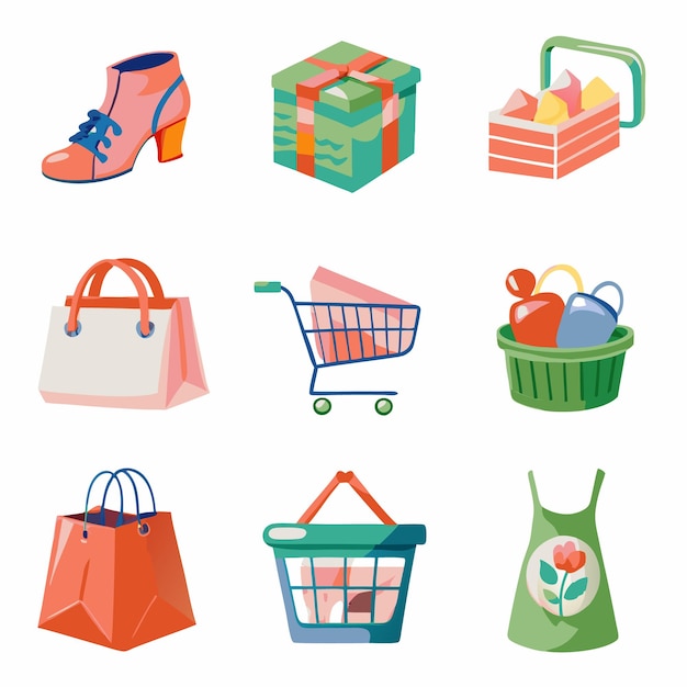 Vector colorful shopping icons set including shoes gift boxes shopping bags baskets and a cart