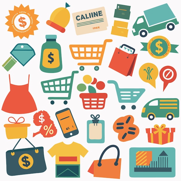 Colorful shopping icons with dollar signs carts and delivery trucks