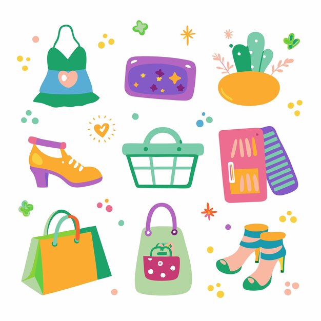 Colorful shopping icons with a green top a yellow heel a basket a pink purse with white dots a green purse with a pink interior a purple case with stars and a pair of green and blue sandals