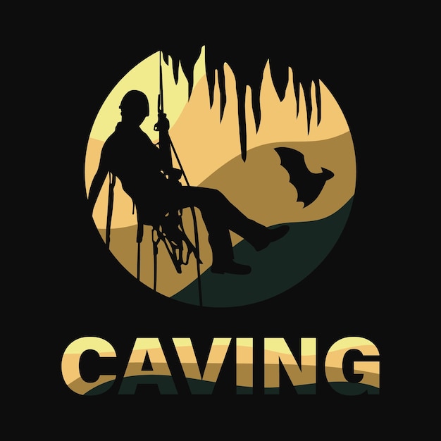 Colorful silhouette of cave explorer. Caving illustration