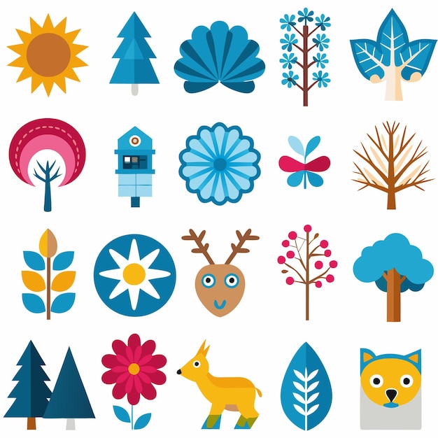 Colorful and simple cartoon illustration of trees flowers animals and objects