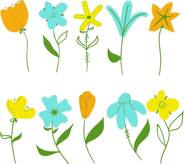 Colorful simple vector flowers set abstract, flower collection isolated on white background