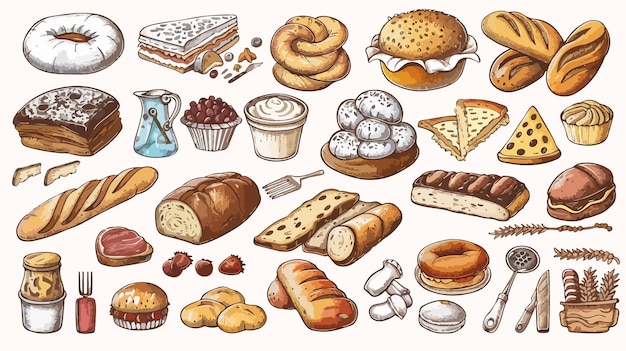 Vector colorful sketches of bread and bakery items