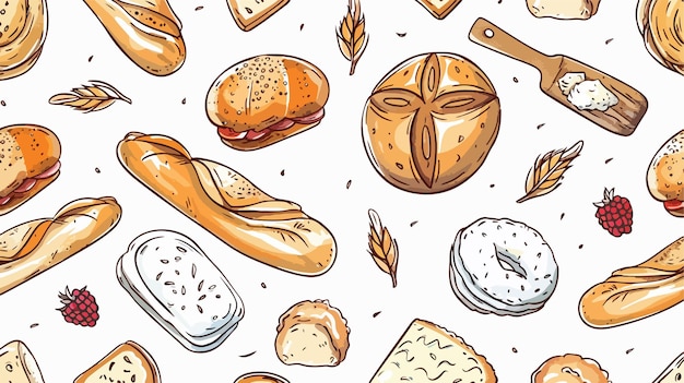 Vector colorful sketchy bread and bakery seamless pattern