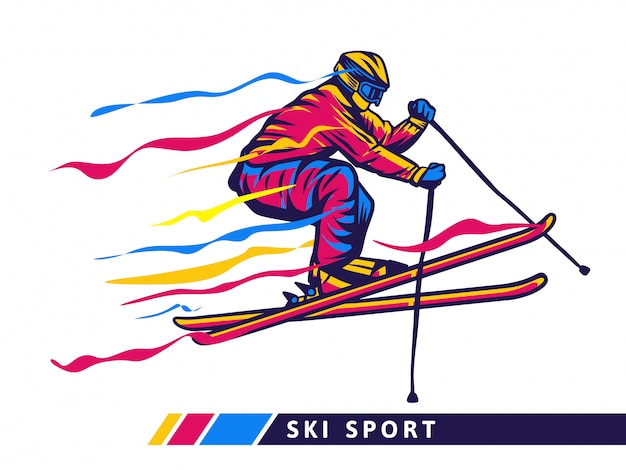 Colorful ski sport illustration with skier flying