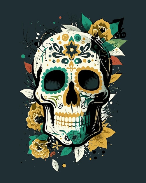 A colorful skull with flowers on it